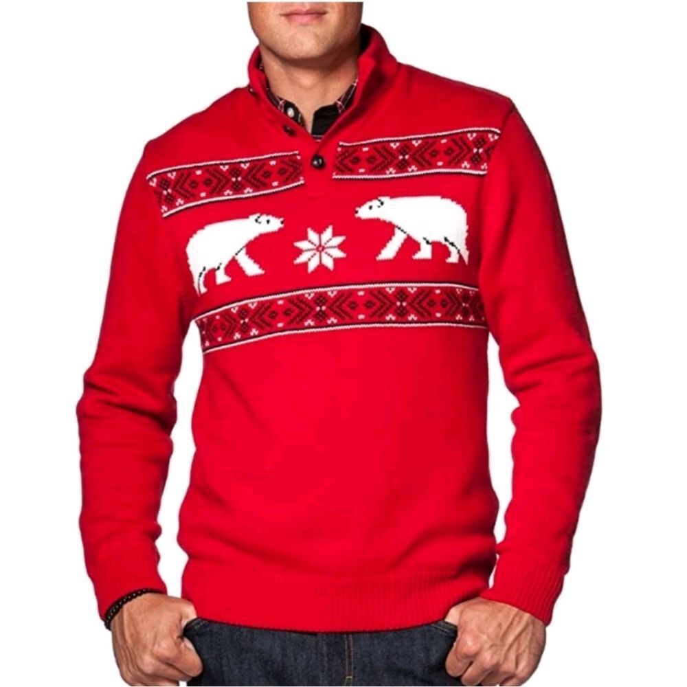 Chaps Mens Red White Polar Bear Holiday Knit Mock Neck Sweater Size XXL